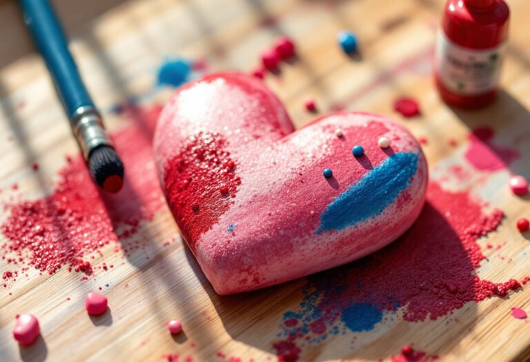 Cœur en pâte à sel peint en rouge et rose, avec pinceau et peinture