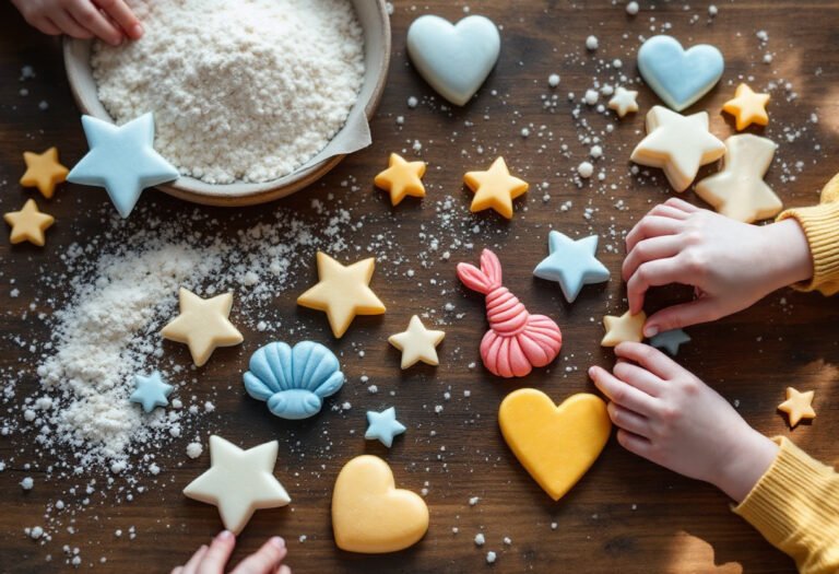 Créations en pâte à sel d'enfants : étoiles, cœurs et coquillages sur une table farinée