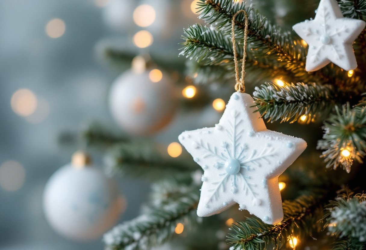 Décorations de Noël en pâte à sel peintes en blanc et bleu suspendues dans un sapin
