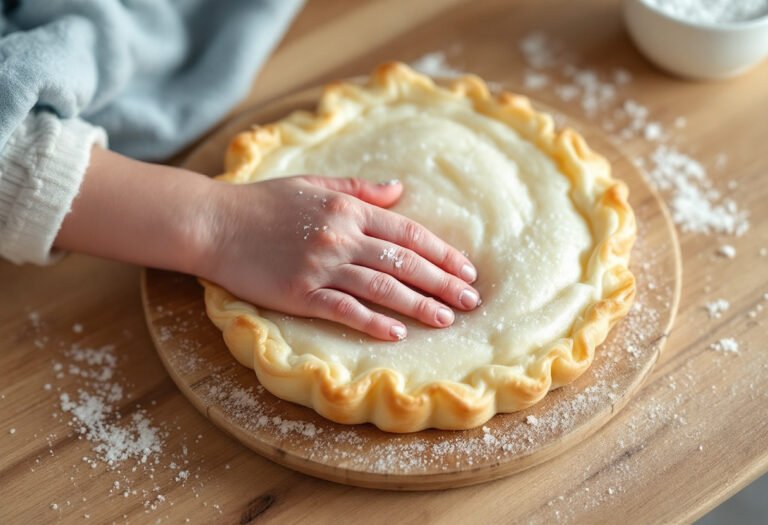 Empreinte de main de bébé dans une galette de pâte à sel avec un ruban bleu