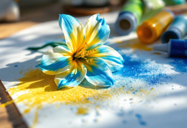 Fleur en pâte à sel peinte en bleu et jaune posée sur du papier
